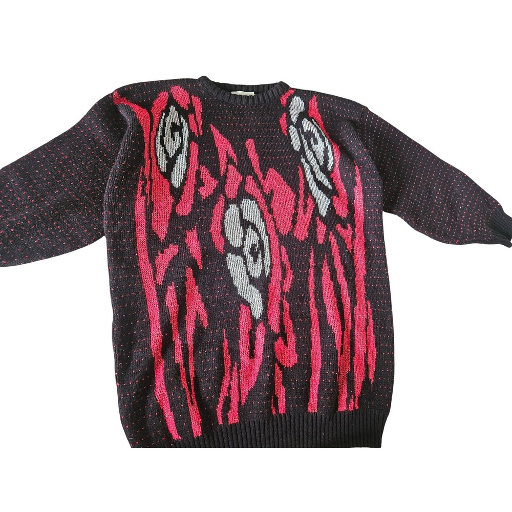 Ellen-D Collection Sweater Womens Medium Black Red Excellent Abstract Knit 80s